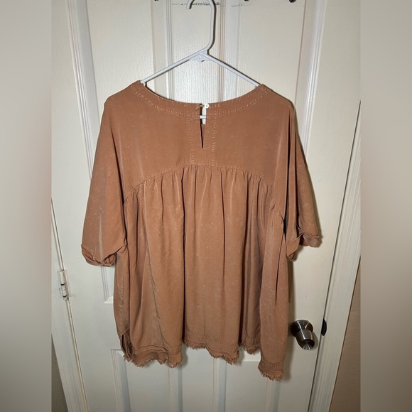 Sewn + Seen Washed Brown Babydoll Peplum Top Raw Hem Pocket Size L - Picture 9 of 9